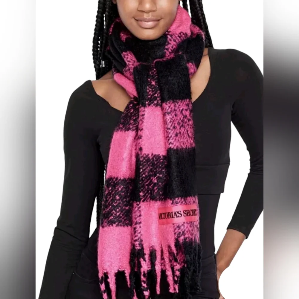 Victoria's Secret Hot Pink Black Buffalo Plaid Soft Knit Fringe Scarf Embroidery